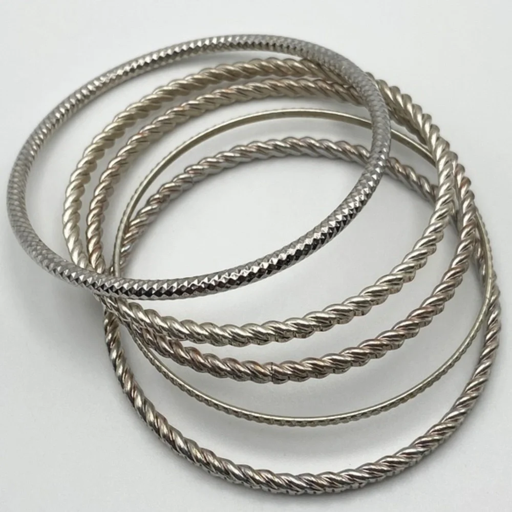 Bangle Bracelets Silver Tone Textured‎ Boho 5 Piece Set